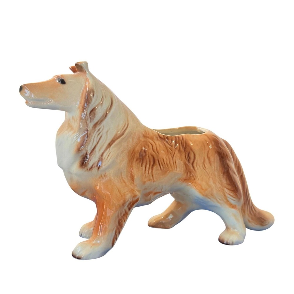 Vintage Collie Dog Ceramic Planter Large Lassie Style Tan White Glazed Figurine - Picture 2 of 11